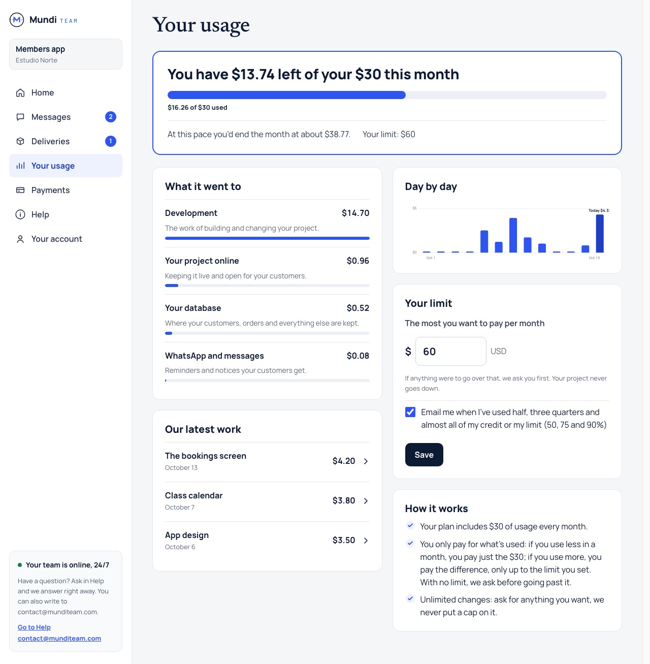 La pagina Il tuo consumo nel portale di Mundi Team: il credito usato questo mese, in cosa è stato speso, giorno per giorno, e il limite mensile