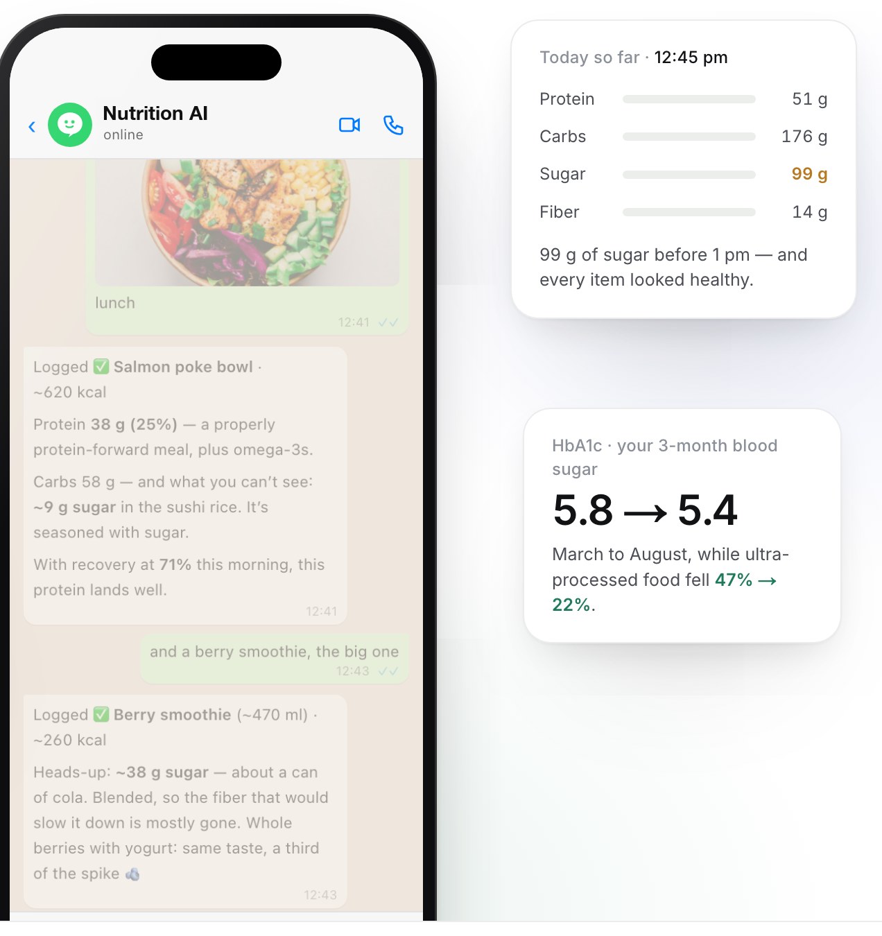 The AI nutrition companion: a chat that logs a meal from a photo, with recovery, macros and blood-sugar cards