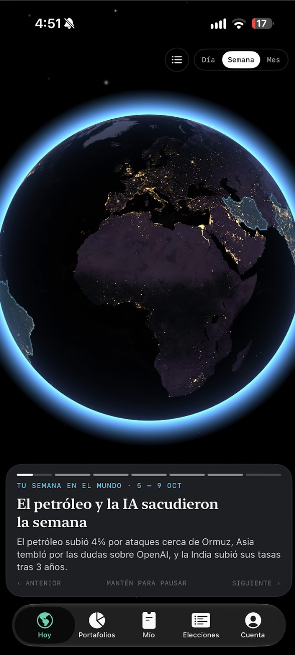 The app's home: a 3D Earth where each news story lights up its country