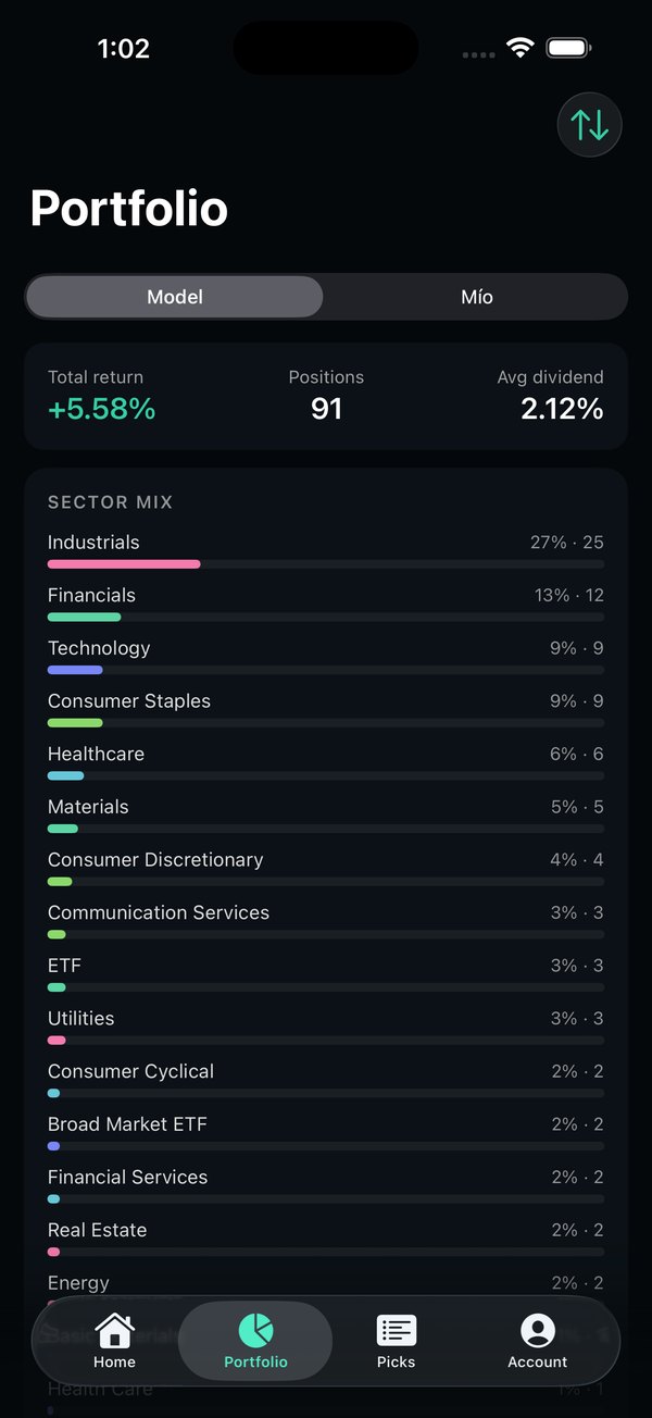 Portfolio screen with returns and sector mix